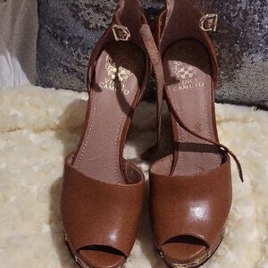 Vince Camuto Tan Peep-Toe Heels